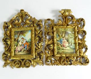 Appraisal: Pair of Vintage Paintings On Copper In Florentine Carved Giltwood