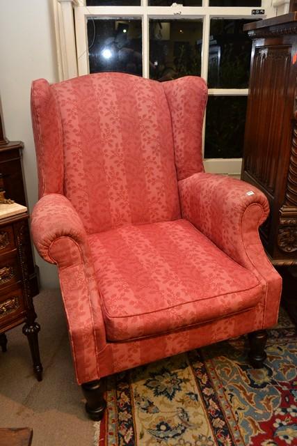 Appraisal: PAIR OF CONTEMPORARY WINGBACK ARMCHAIRS WITH RED CLOTH UPHOLSTERY