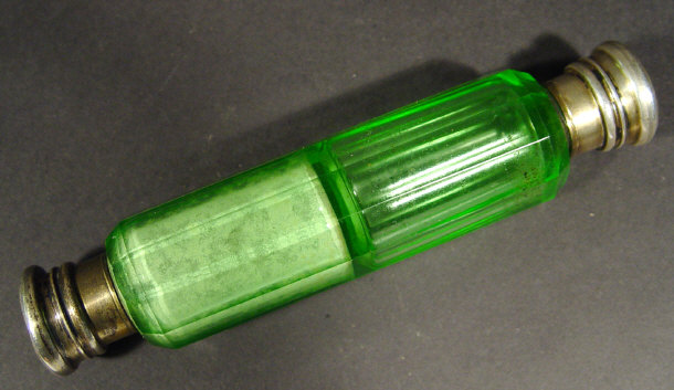 Appraisal: Cut green glass double ended scent bottle with silver metal