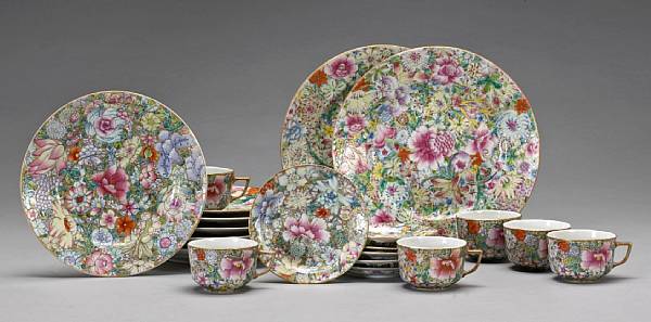 Appraisal: A partial 'mille fleur' decorated porcelain dessert service Guangxu Marks