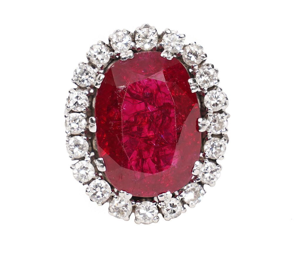 Appraisal: Diamond and Synthetic Ruby K WG Halo Ring Diamond and