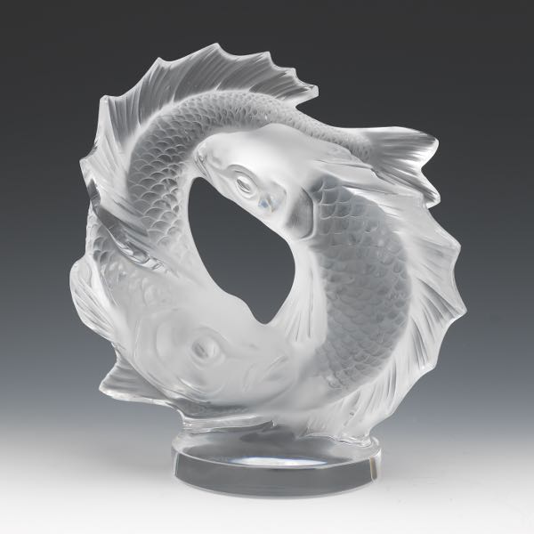 Appraisal: LALIQUE DEUX POISSONS SCULPTURE Molded and frosted jumping fish glass