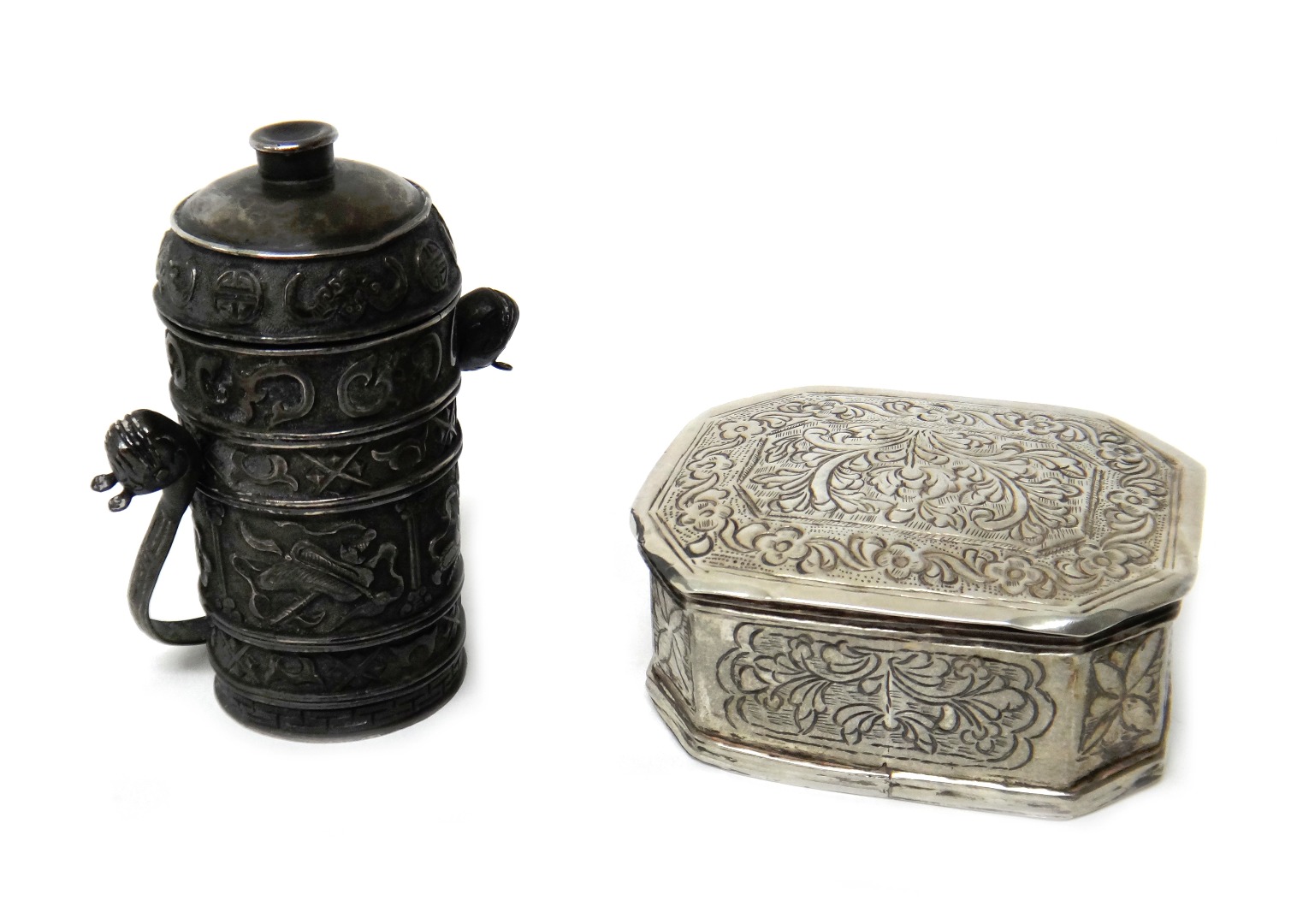 Appraisal: An Oriental cylindrical container having decorated bands with a detachable