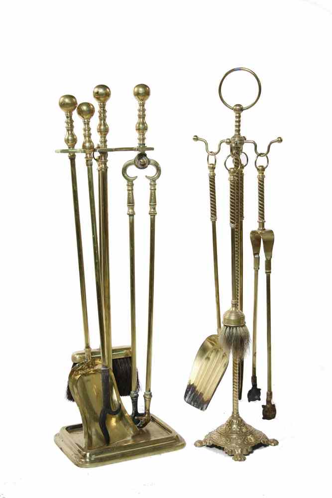 Appraisal: BRASS FIREPLACE TOOL SETS - Late th early th c