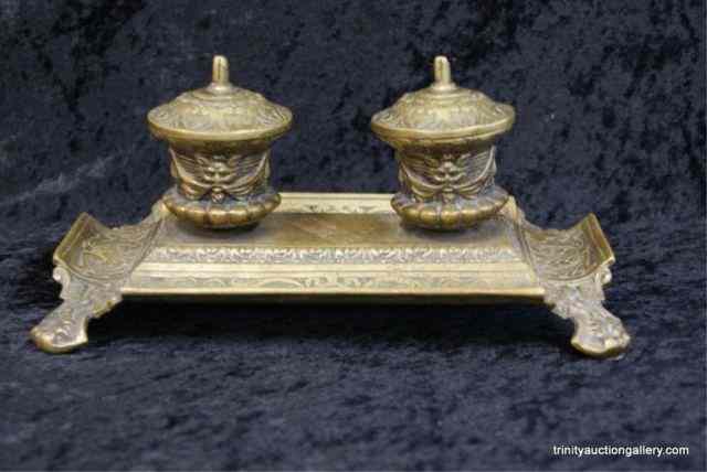 Appraisal: Vintage Brass Double Inkwell Desk SetThis is a very nice