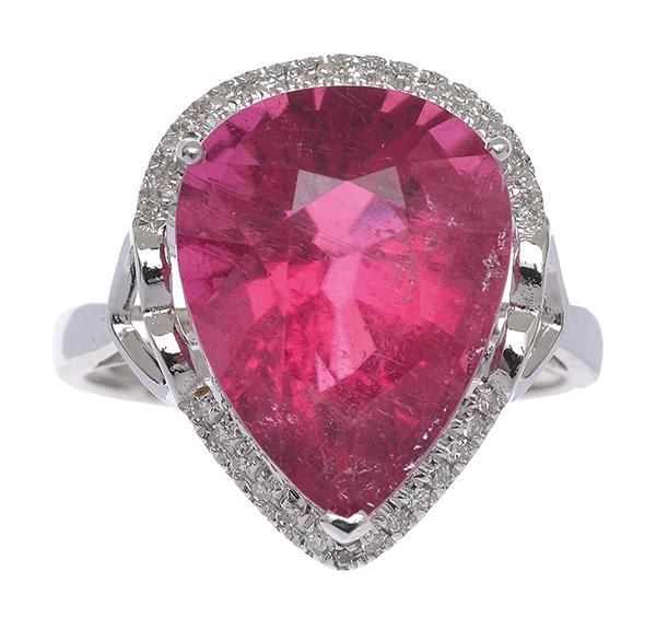 Appraisal: A PINK TOURMALINE AND DIAMOND RING The pear cut pink