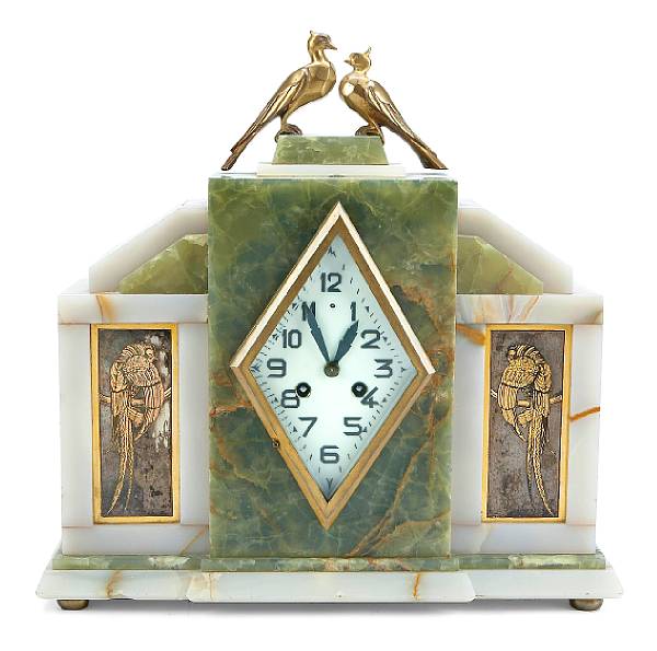 Appraisal: A French Art Deco gilt-bronze onyx and marble clock circa