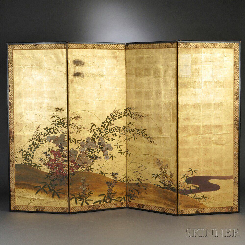 Appraisal: Four-panel Rimpa School Folding Screen Byobu Japan th century decorated