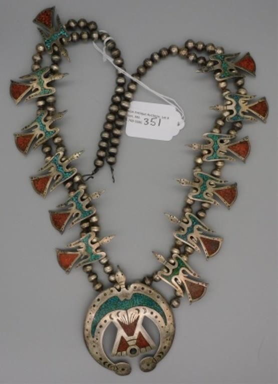 Appraisal: SQUASH BLOSSOM NECKLACE TH CENTURY AMERICANSouthwest Peyote bird design pawn