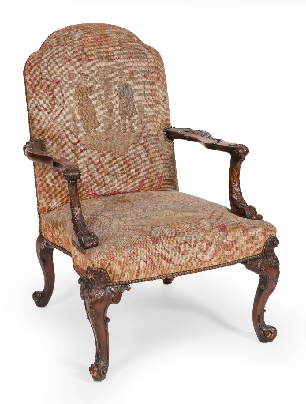 Appraisal: CONTINENTAL CARVED AND UPHOLSTERED ARMCHAIR EARLY TH CENTURY BACK HEIGHT