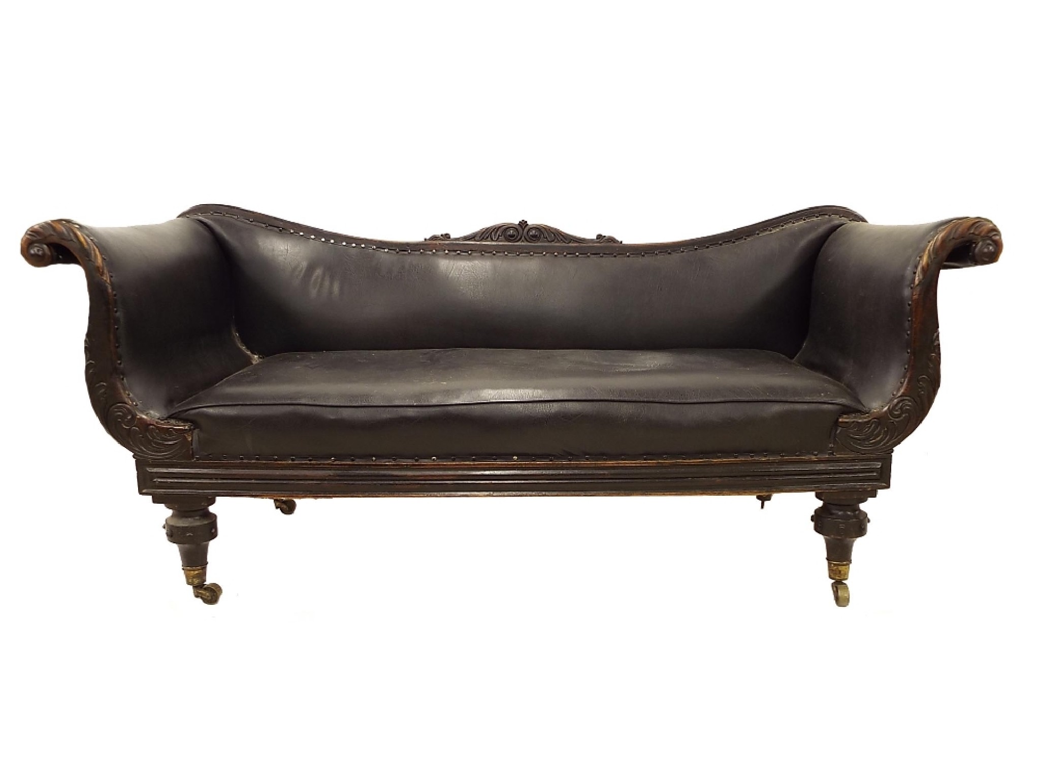 Appraisal: William IV mahogany and black leather scrolled arm sofa the