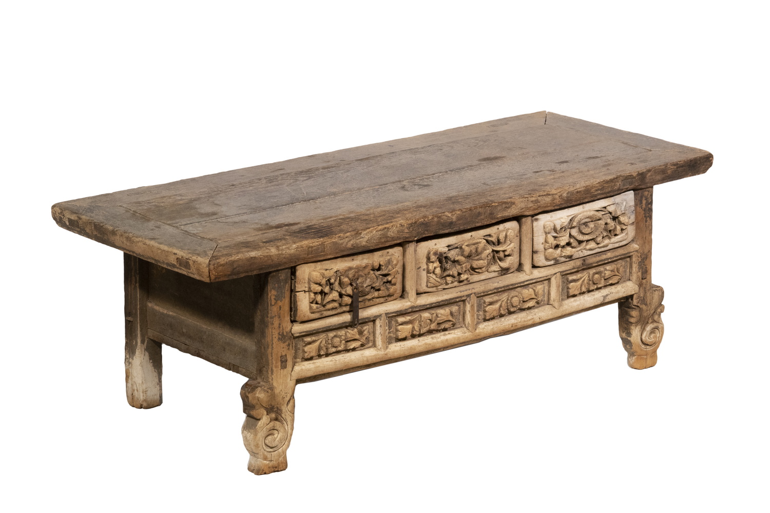 Appraisal: LOW CHINESE ELM ALTAR TABLE WEATHERED Possibly Ming with overhanging