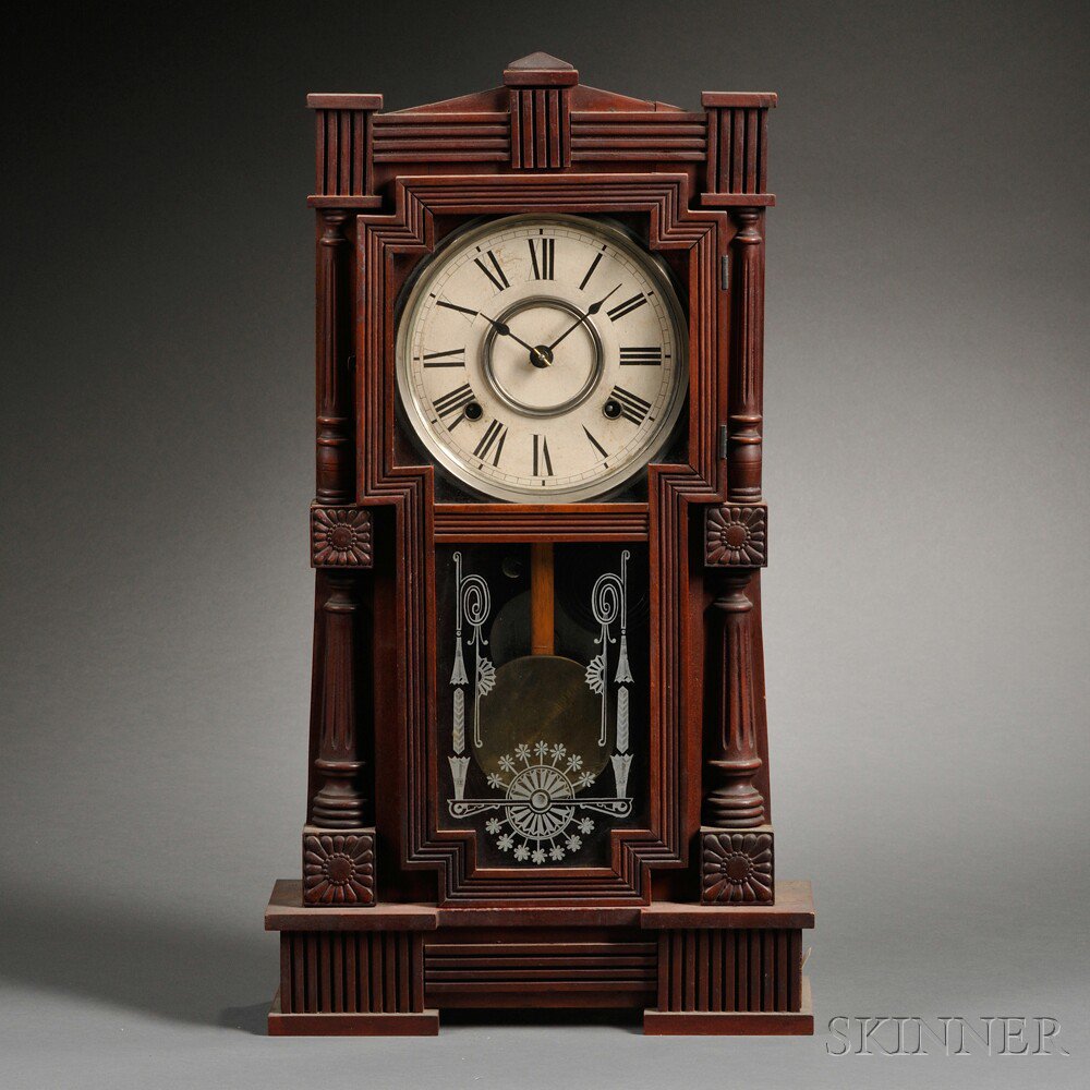 Appraisal: Gilbert Mitra Walnut Shelf Clock Connecticut c split columns flank