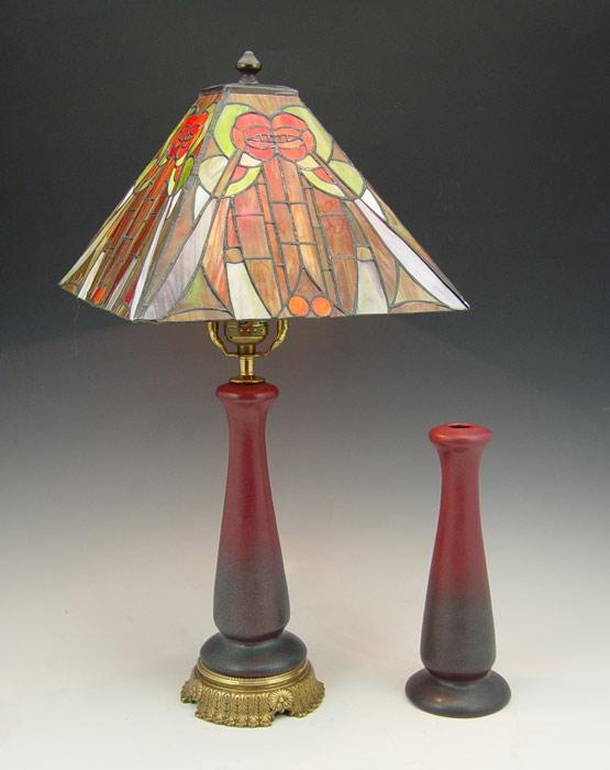 Appraisal: VAN BRIGGLE POTTERY LAMP AND VASE Factory made lamp ''