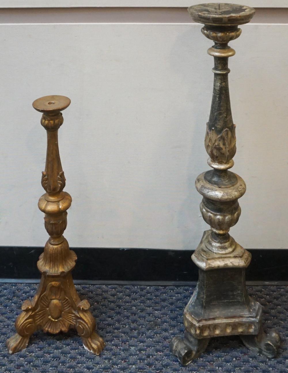 Appraisal: TWO ITALIAN CARVED WOOD PRICKET CANDLESTANDS H OF TALLER IN