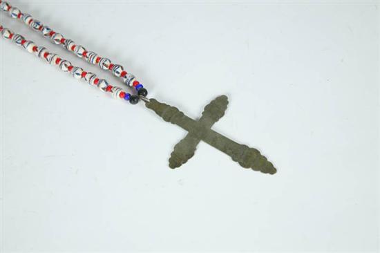 Appraisal: SILVER AND BEAD NECKLACE Trade silver cross marked for Charles