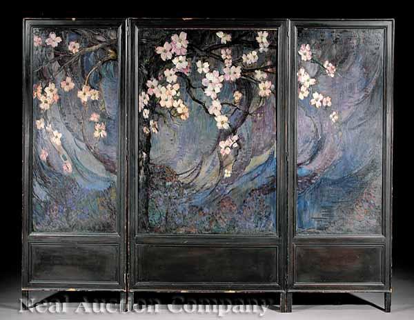 Appraisal: An American Aesthetic Ebonized and Painted Three-Panel Screen late th