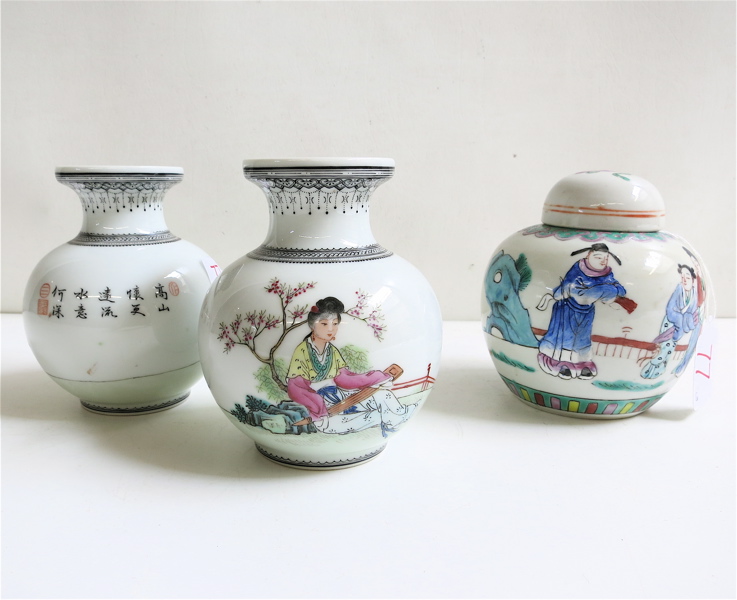 Appraisal: THREE CHINESE HAND ENAMELED CERAMIC VESSELS pair vases featuring a