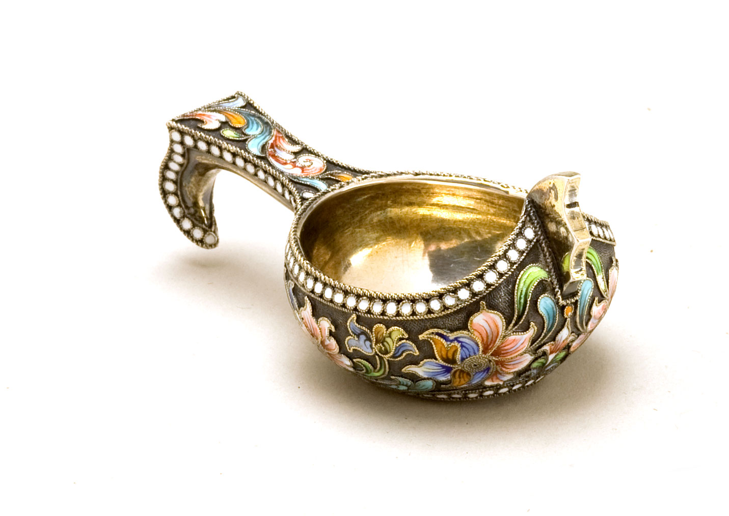 Appraisal: RUSSIAN SILVER-GILT AND SHADED ENAMEL SMALL KOVSH MARK OF EA