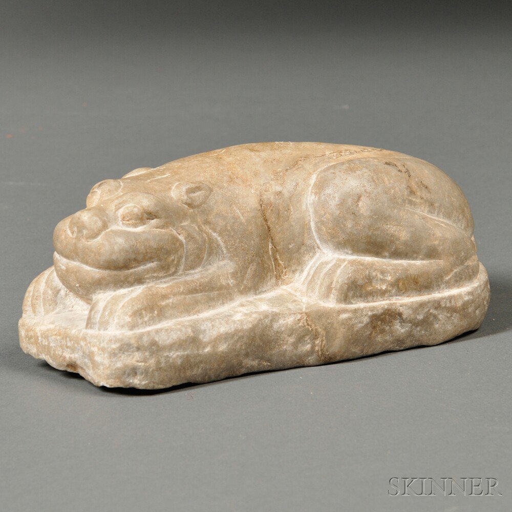 Appraisal: Stone Recumbent Mythical Beast China raised on a platform with