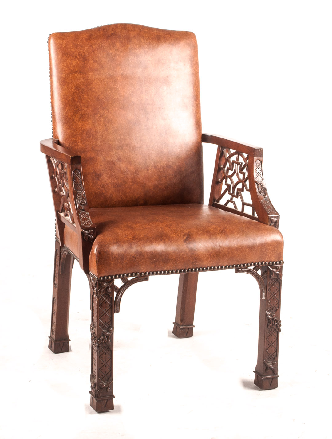 Appraisal: Chinese Chippendale style mahogany armchair cross-hatched arms with reticulated sides