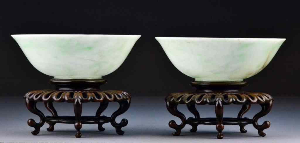 Appraisal: Pr Chinese Qing Carved Jadeite BowlsEach with flared rim raised