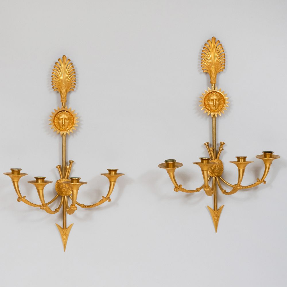 Appraisal: Pair of Empire Style Ormolu Four-Light Sconces x x in