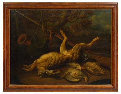 Appraisal: Hunting painting nature morte with trophies from the hunt gun