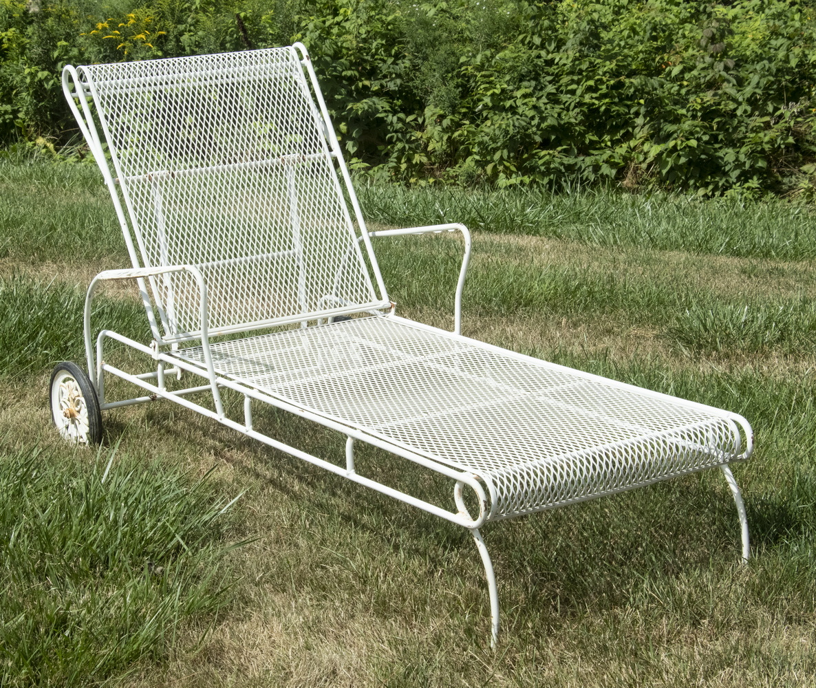 Appraisal: 'S VINTAGE EXPANDED STEEL MESH PATIO LOUNGE White painted adjustable