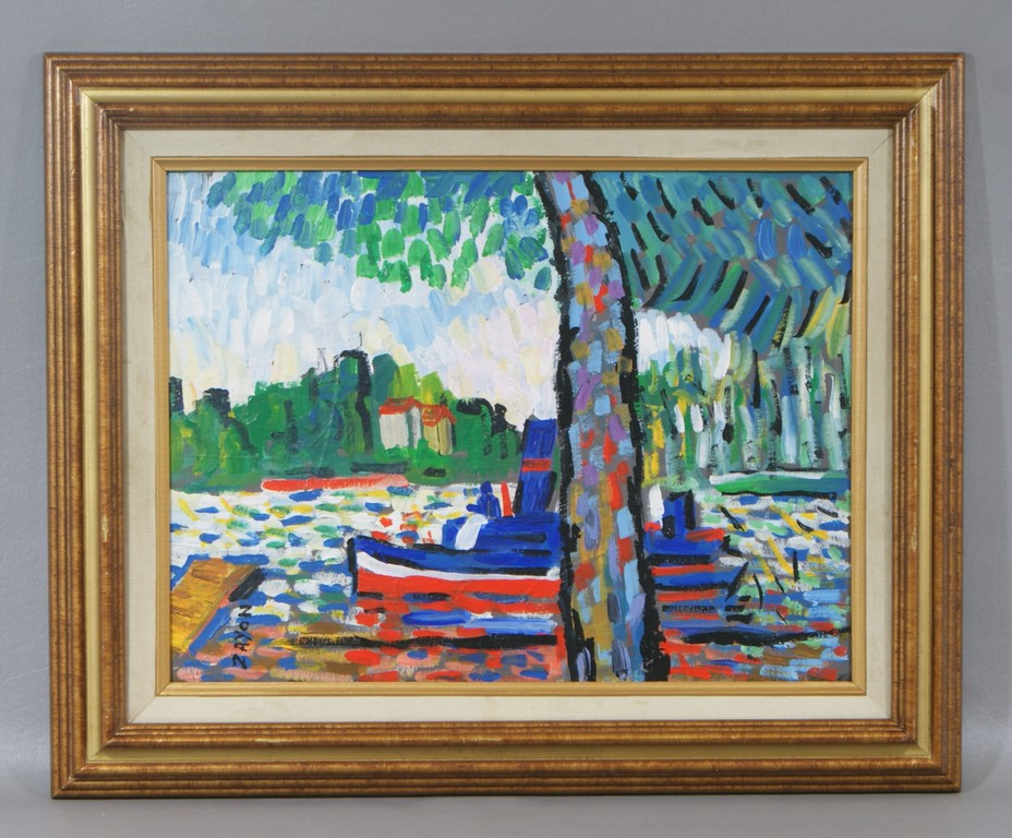 Appraisal: Seymour Zayon American b acrylic on canvas board Docked boat