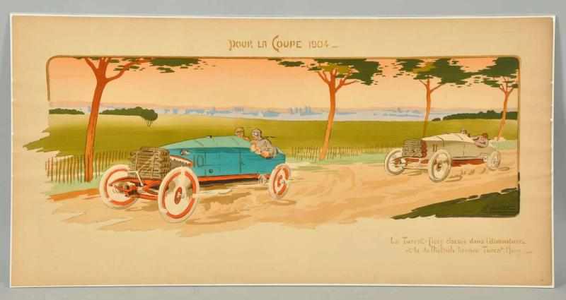 Appraisal: French Pour La Coupe Poster Depicts two race cars Condition