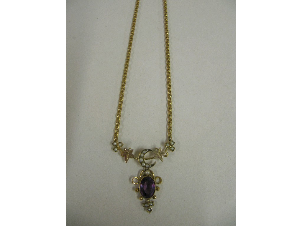 Appraisal: Edwardian necklace with mounted oval amethyst suspended from a crescent