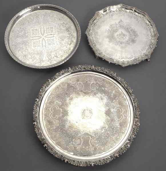 Appraisal: English silverplate salverseach with central engraved scrolling decoration two with