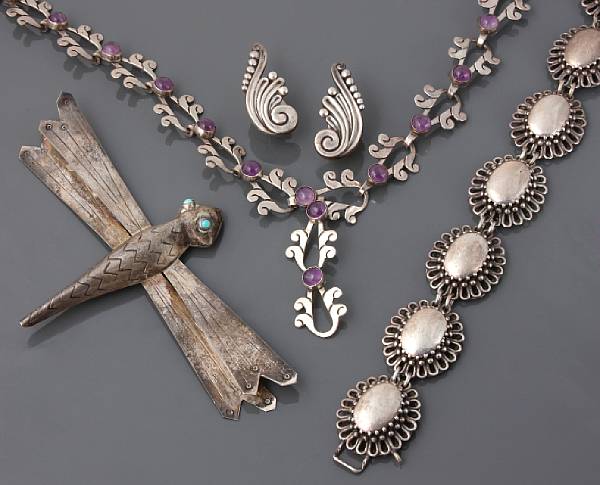 Appraisal: A collection of silver stone and costume jewelry featuring five