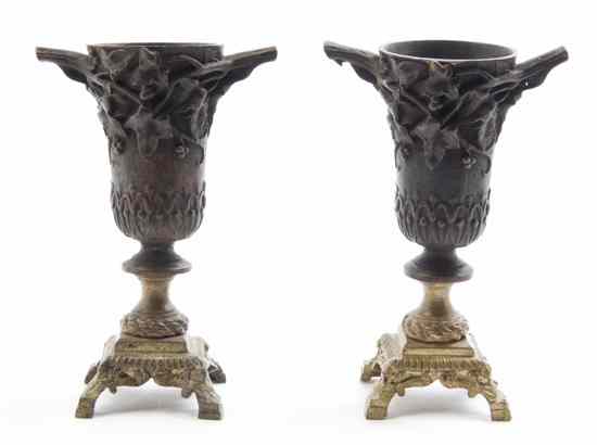 Appraisal: A Pair of Bronze Miniature Vases each having foliate and