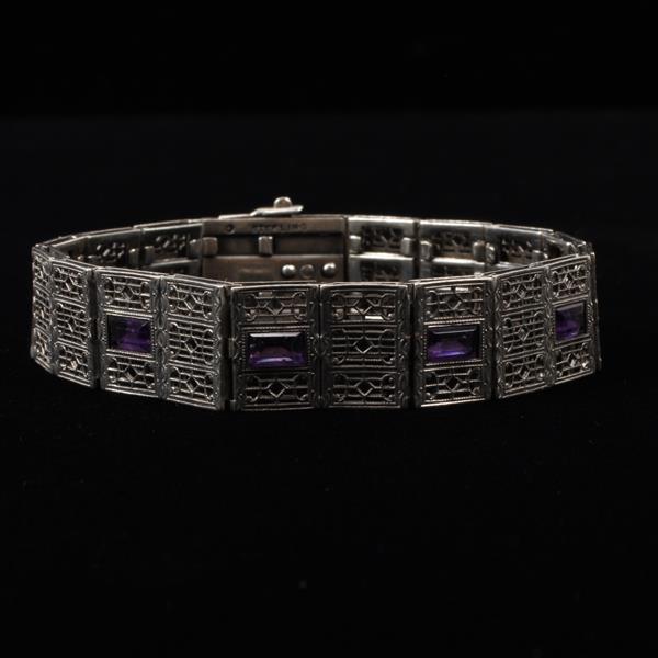 Appraisal: Edwardian Art Deco Sterling Silver Filigree Bracelet with amethyst paste