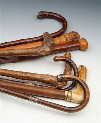 Appraisal: A COLLECTION OF EIGHT WALKING CANES including two Malacca sticks