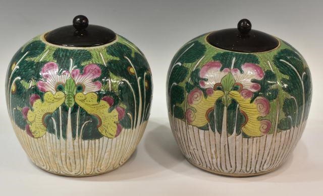 Appraisal: pair Chinese enameled porcelain melon jars wooden lid with turned