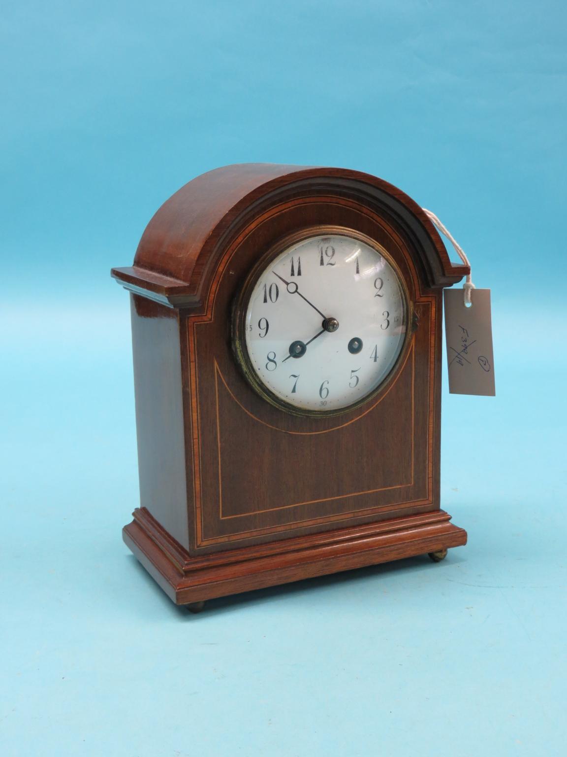 Appraisal: An Edwardian inlaid mahogany mantel clock with convex enamelled dial