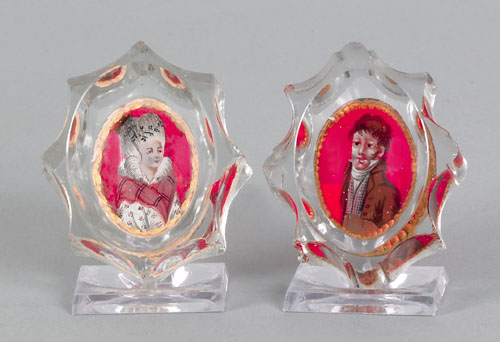 Appraisal: Pair of flint glass salts th c with painted portraits