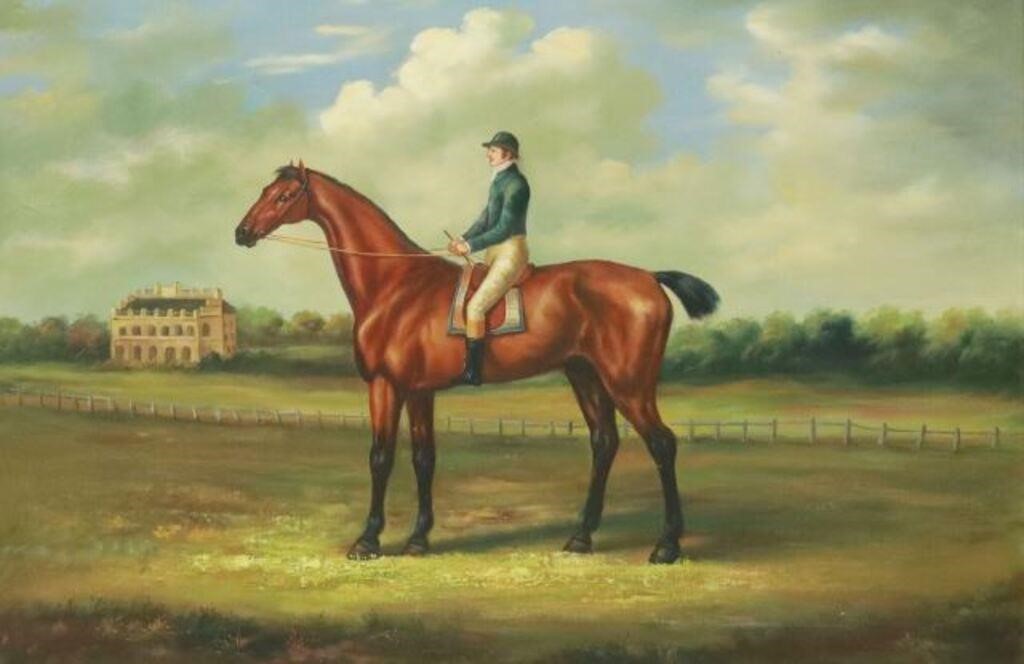 Appraisal: Decorative frame oil on canvas painting Bay horse with jockey