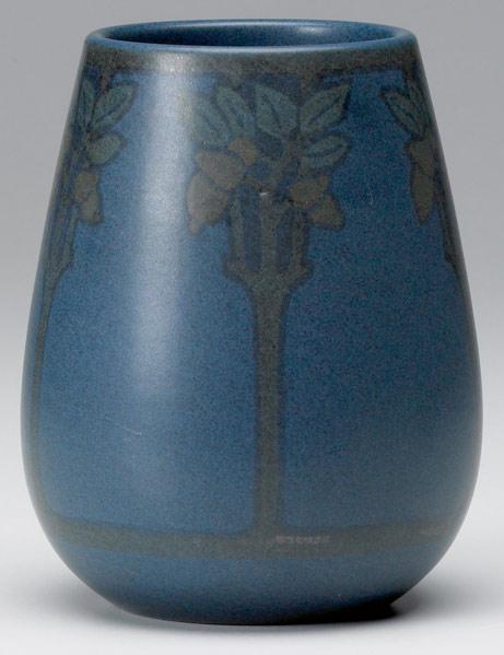 Appraisal: MARBLEHEAD Ovoid vase painted with stylized lemon trees on indigo