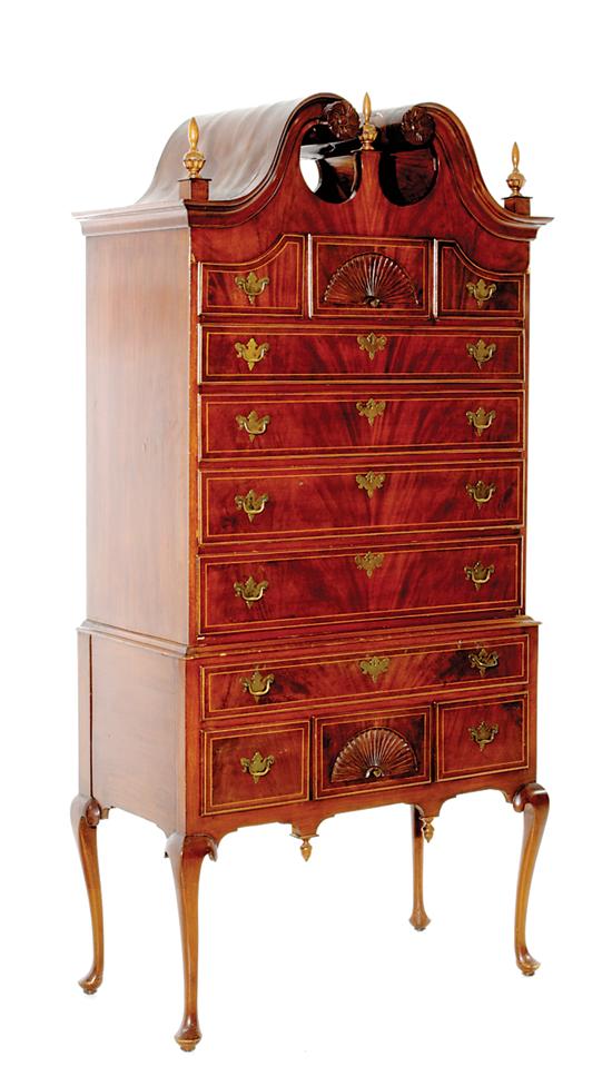 Appraisal: New England style carved mahogany highboy early th century broken