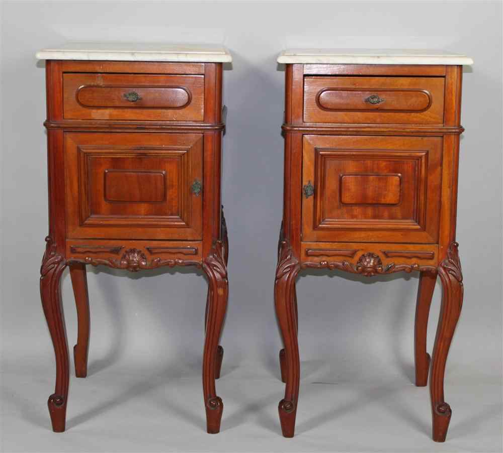 Appraisal: PAIR OF LOUIS XV STYLE MAHOGANY MARBLE TOPPED BEDSIDE TABLES