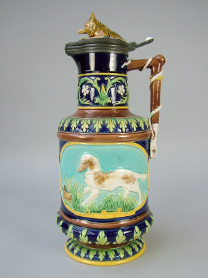 Appraisal: A George Jones majolica hunting jug and cover circa hinged