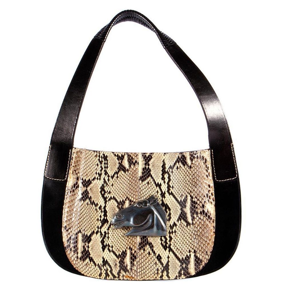 Appraisal: Kieselstein-Cord snakeskin leather handbag sterling silver equine emblem diminutive bag