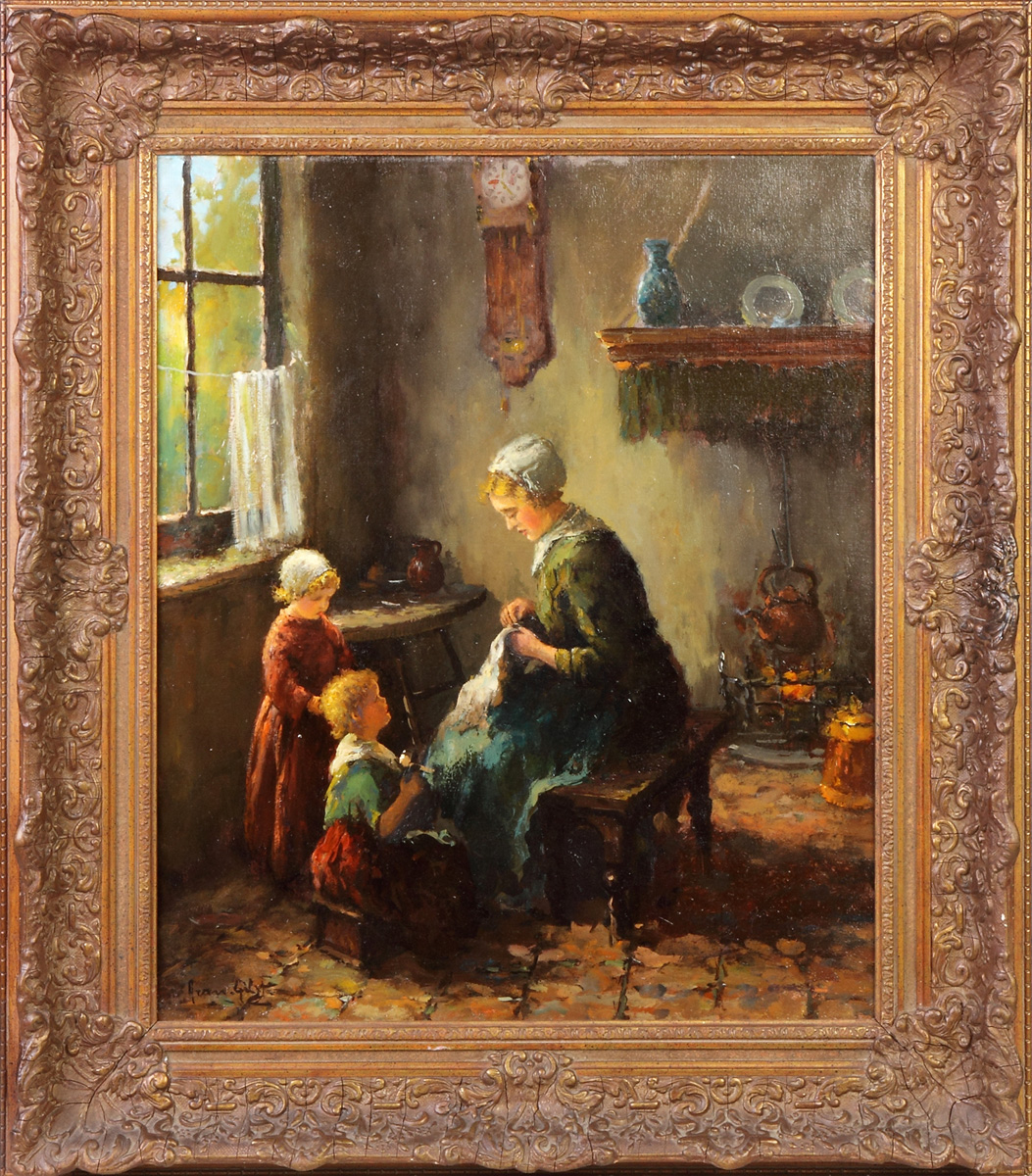 Appraisal: th cent Painting of Women children sewing Sgn Lower left