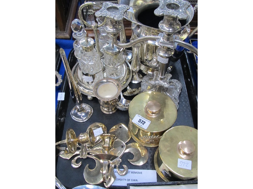 Appraisal: Tray lot of EP and brass - cruet set candle