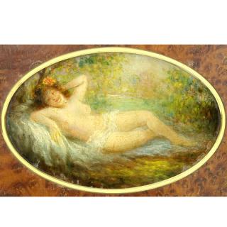 Appraisal: th Century European School Gouache on Panel Reclining Nude In