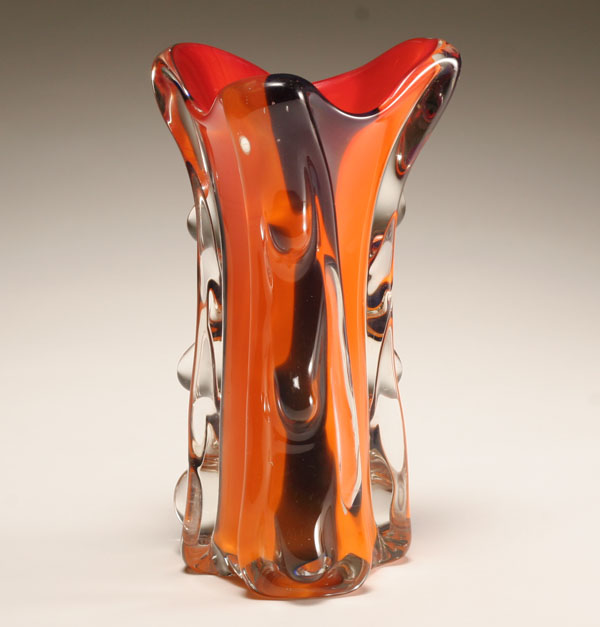 Appraisal: Large contemporary orange glass vase Flared neck having brown stripes